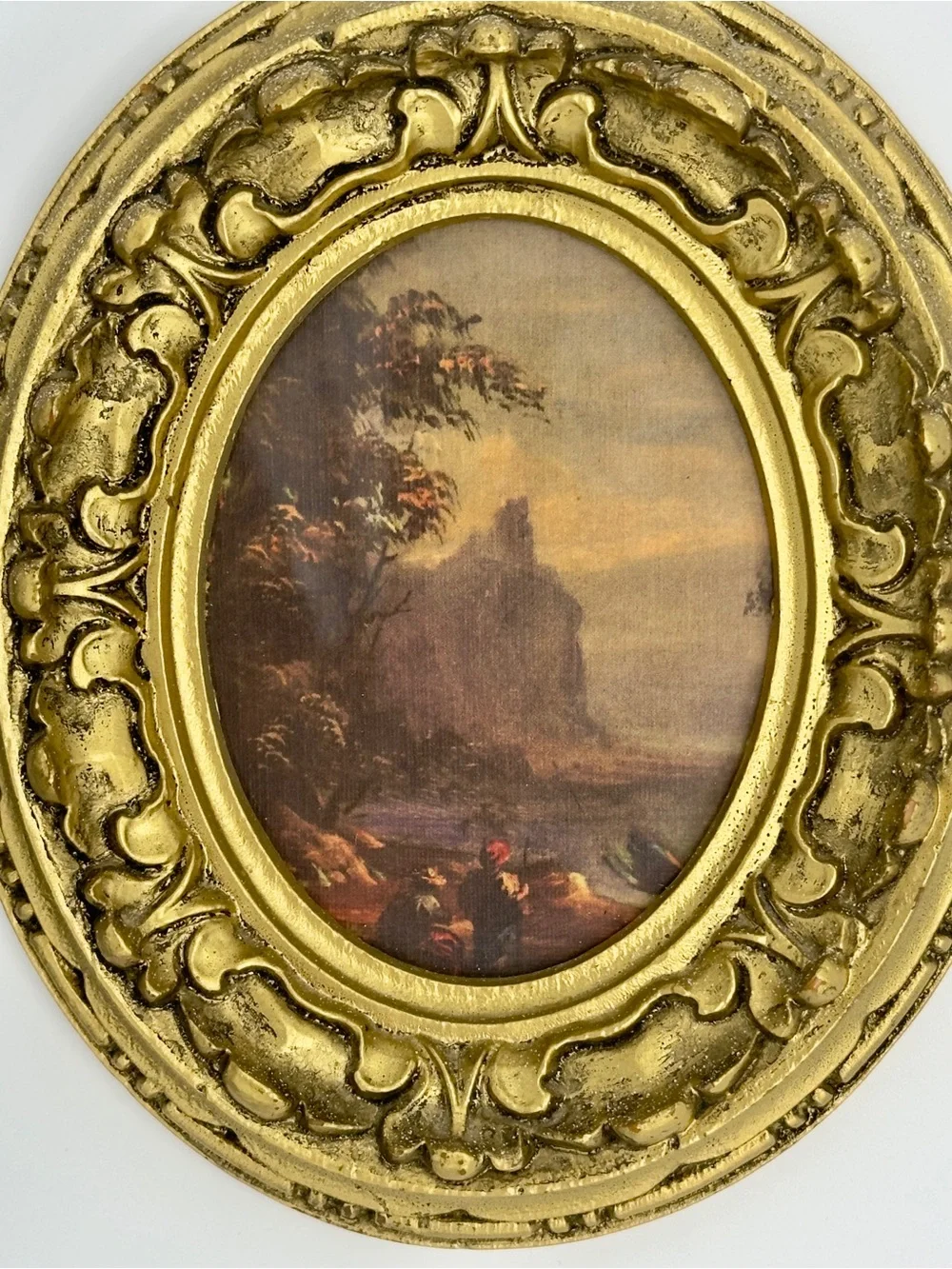 Vintage Pair Oval Gold Framed Wall Art Floral & Scenic Made in Italy